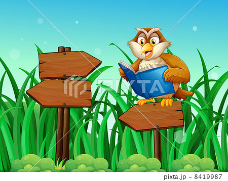 An owl reading a book above a wooden arrow board An owl reading a book above a wooden arrow board 8419987