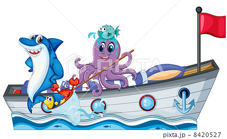 Sea creatures riding on a boat with flag 8420527