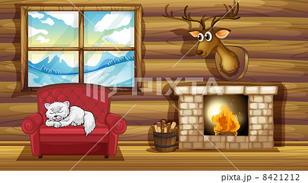 A cat sleeping above the chair near the fireplace A cat sleeping above the chair near the fireplace 8421212