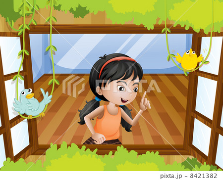 A girl at the window with birds 8421382