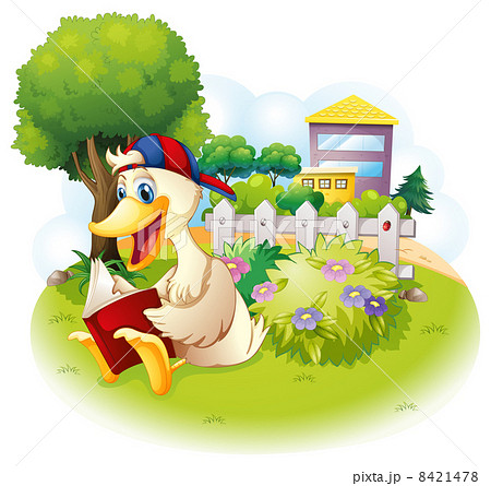 A duck reading at the garden with a fence A duck reading at the garden with a fence 8421478