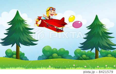 A monkey riding in an aircarft with two balloons 8421579