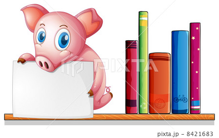 A pig above a shelf holding an empty signboard 8421683