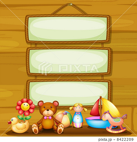 Toys in front of the empty framed signboards Toys in front of the empty framed signboards 8422209