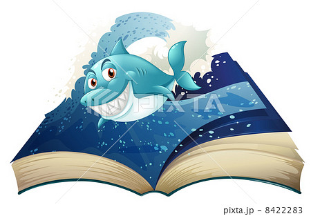 A book with a smiling blue shark and waves 8422283