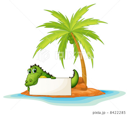 A crocodile holding an empty signboard in a small island 8422285