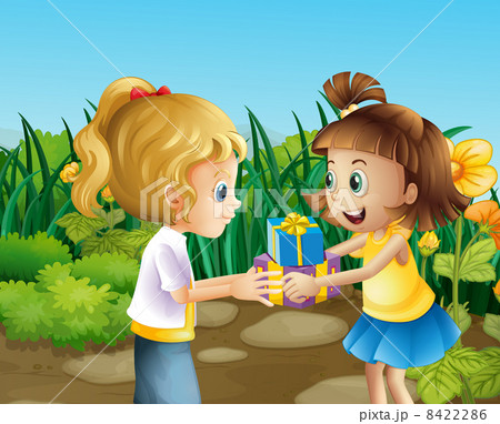 Two friends exchanging gifts outdoor 8422286