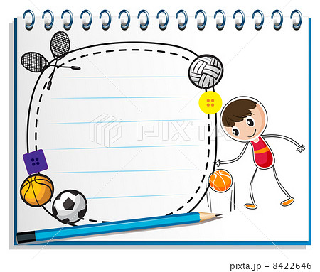 A notebook with a drawing of a boy with the different sports acc A notebook with a drawing of a boy with the different sports acc 8422646