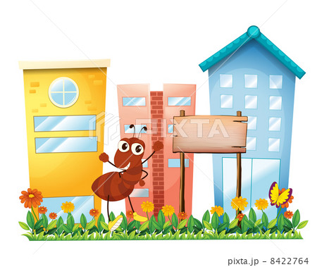 An empty board at the garden with an ant and a butterfly 8422764