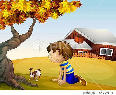 A boy and his puppy under the tree 8422914