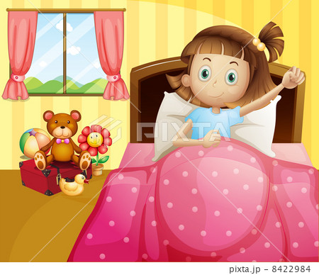 A girl lying in her bed with a pink blanket 8422984