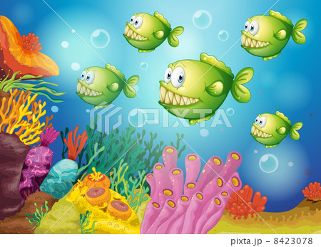 A group of green piranhas under the sea 8423078