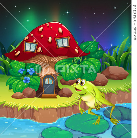 A frog jumping near the red mushroom house 8423153