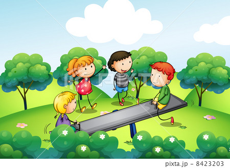 Four kids playing with the seesaw at the hill 8423203