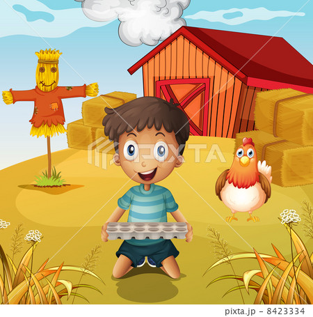 A boy holding an empty egg tray at the farm with a scarecrow 8423334