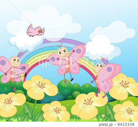 A garden with butterflies and a bird 8423336