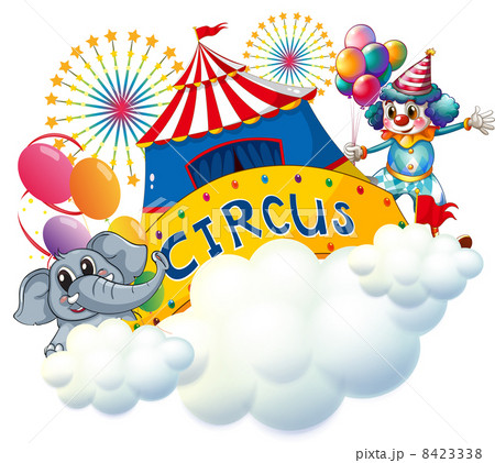 An elephant and a clown with a circus signage in the center 8423338
