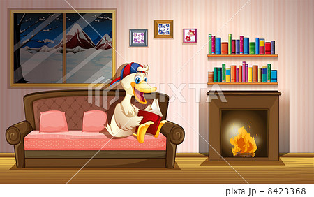 A duck reading a book beside a fireplace 8423368