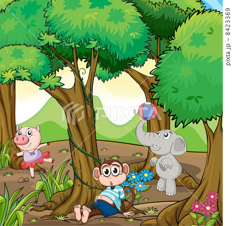 Three different kinds of animals playing at the forest 8423369
