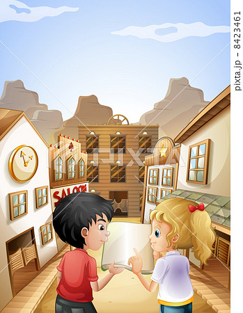 A boy and a girl with an empty book talking near the saloon bars 8423461