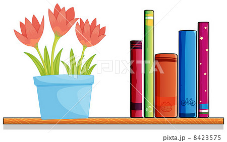 A wooden shelf with a pot of flower and books A wooden shelf with a pot of flower and books 8423575