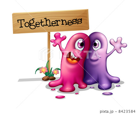 A pink and a purple monster beside a signboard 8423584