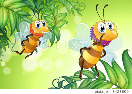 Two bees flying with many leaves 8423609