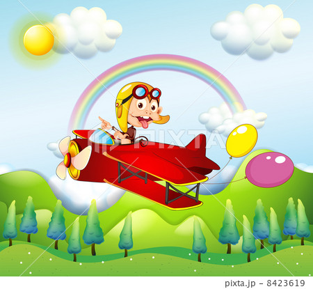 A monkey riding on a red plane with two balloons A monkey riding on a red plane with two balloons 8423619