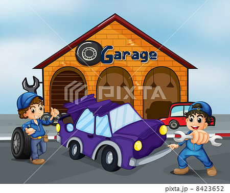 Two boys repairing the violet car Two boys repairing the violet car 8423652