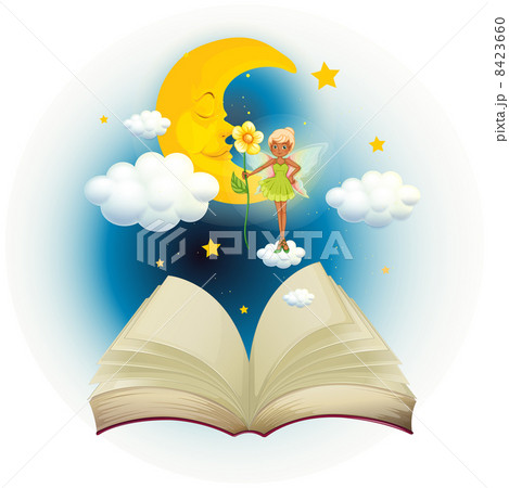 An open book with an image of a fairy and a sleeping moon 8423660