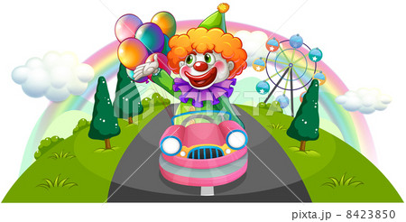 A happy clown riding in a pink car 8423850