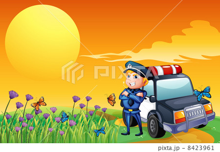 A sunset view with a policeman and a car at the hill 8423961