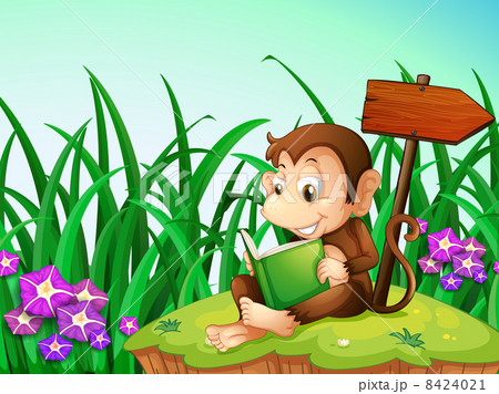A monkey reading a book beside the arrowboard A monkey reading a book beside the arrowboard 8424021