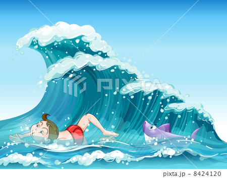 A boy swimming with a shark at the back 8424120