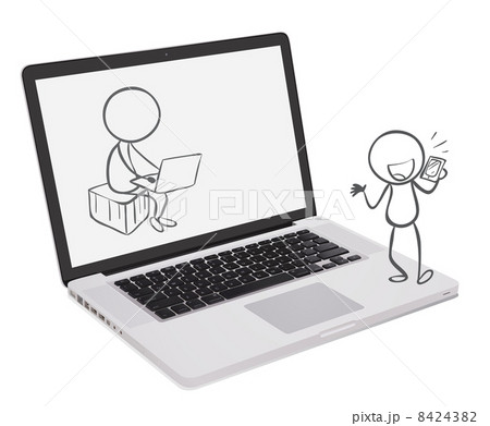 A laptop with an image of two boys playing different gadgets 8424382