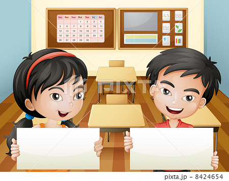 Two smiling teenagers with empty signages 8424654