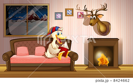 A duck reading a book beside a fireplace 8424662