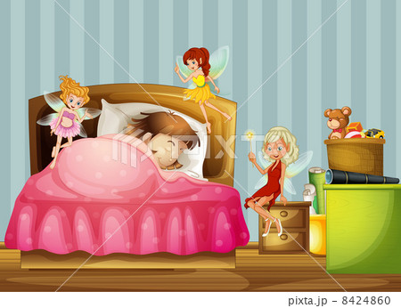 A young girl sleeping with fairies inside her room 8424860