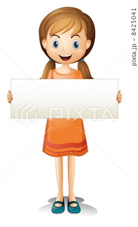 A girl with an orange dress holding an empty banner A girl with an orange dress holding an empty banner 8425041