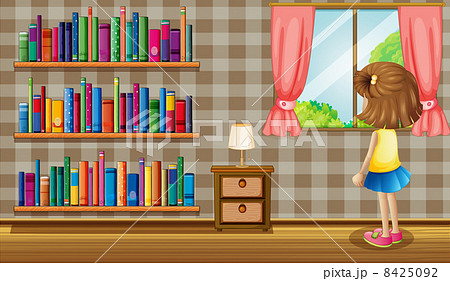 A girl inside the house with a collection of books 8425092