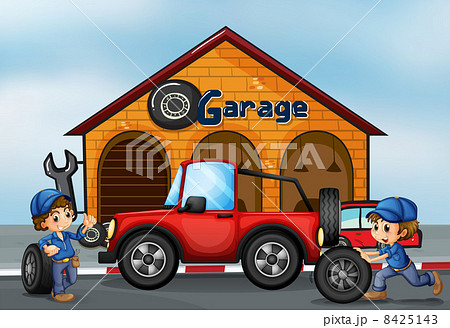 Two boys working at the garage Two boys working at the garage 8425143