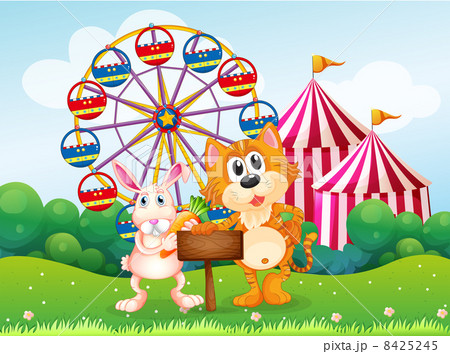 A tiger and a bunny holding an empty board near the carnival 8425245