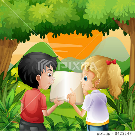 Kids discussing with a book at the forest 8425247