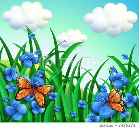 A garden with blue flowers and orange butterflies 8425278