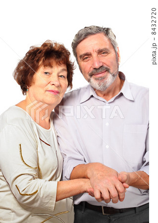 smiling senior couple hold for hands, hug, isolated, half body 8432720