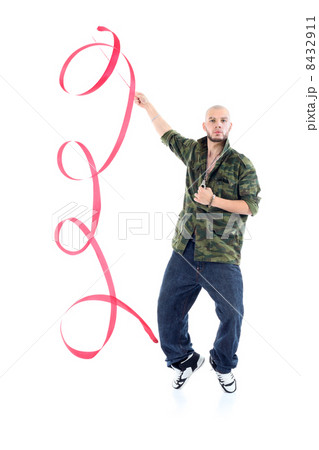 Rapper in camouflage jacket with ribbon stands on tiptoes isolat Rapper in camouflage jacket with ribbon stands on tiptoes isolat 8432911