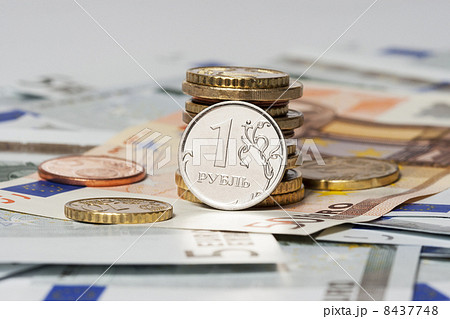 one ruble and the euro (coins and banknotes) 8437748