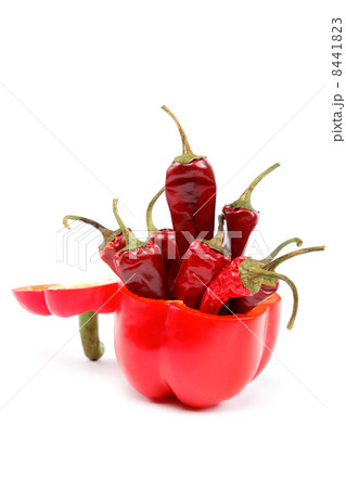 Red pepper and spices on a white background. Red pepper and spices on a white background. 8441823