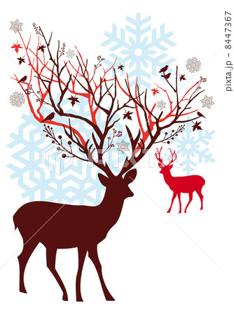 Christmas deer with tree branch and snowflakes, vector 8447367