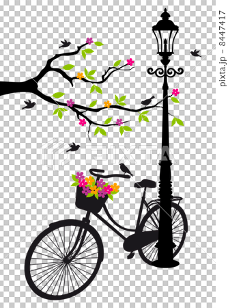 old bicycle with lamp, flowers and tree, vector background old bicycle with lamp, flowers and tree, vector background 8447417
